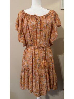 Rachel Zoe Orange Boho Floral Print Summer Mini Dress Waist Tie Sz L
